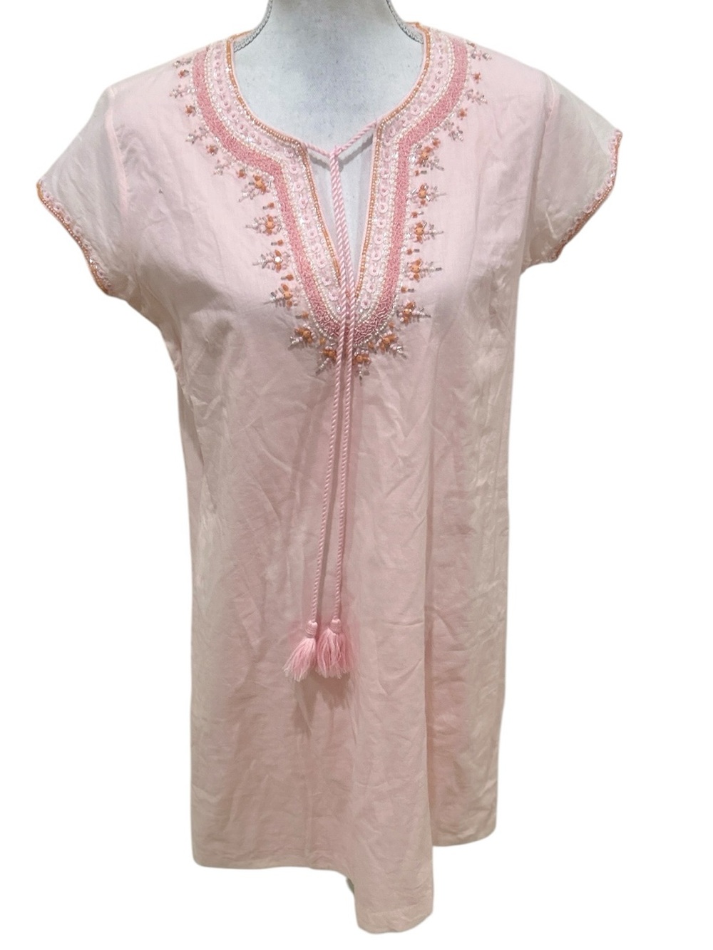 Bella tu cotton beaded blush Pink Mini short sleeve tunic Dress Tassel Tie large